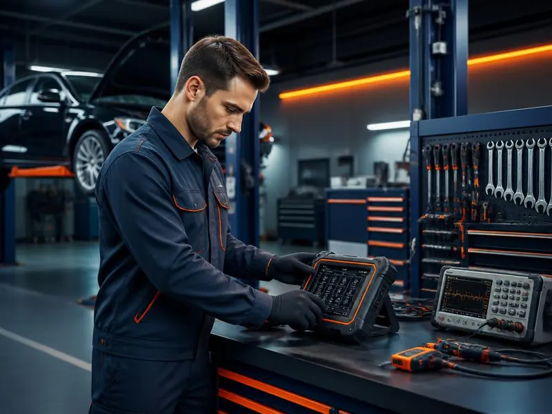 Technik serwisowy kalibrujący urządzenie diagnostyczne w nowoczesnym warsztacie samochodowym